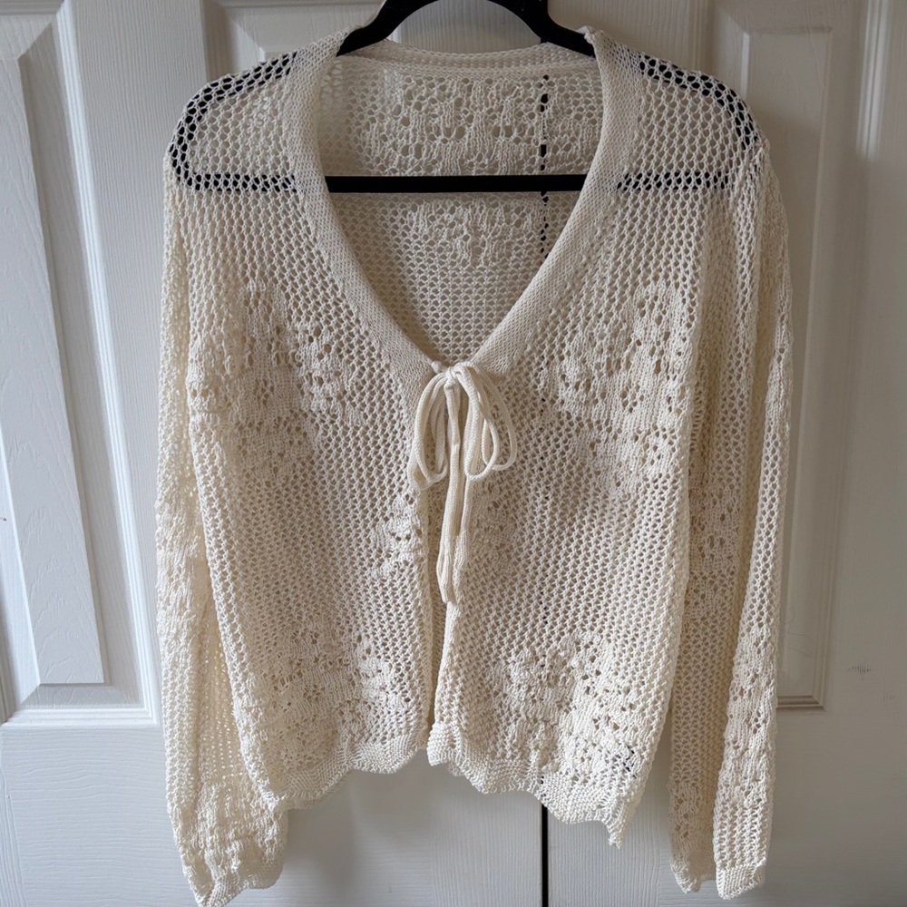 Cream Open-Knit Tie-Front Cardigan
